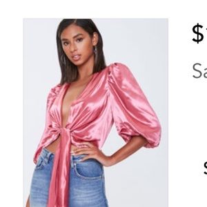 Pink satin tie-front top